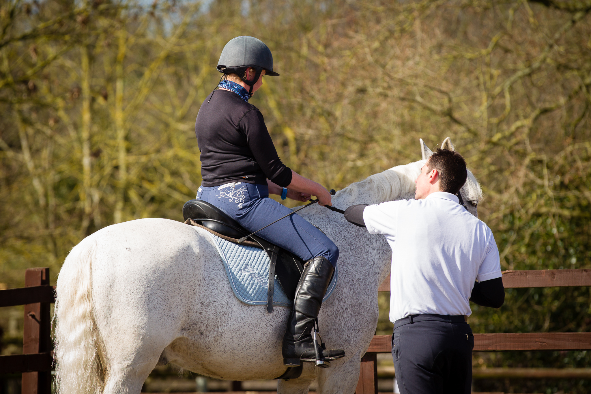 Roland helping a rider during a dressage lesson